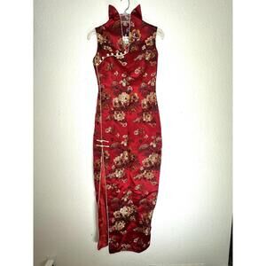 Red Floral Cheongsam Qipao Dress Size S Mandarin Collar Asian Formal Shanghai